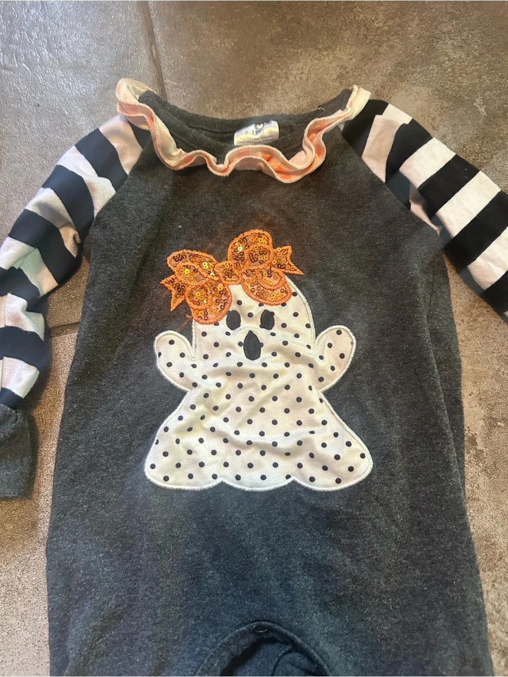 Gray Ghost Ruffle Baby Romper with Black & White Striped Sleeves